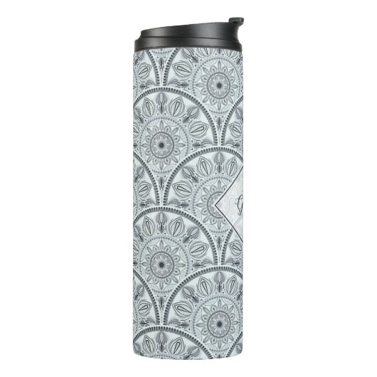 Aangepaste Naam Art Deco Floral Harmony Grijs Mand Thermosbeker (Gedraaid links)