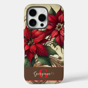Aangepaste naam Art Nouveau Christmas Poinsettia iPhone 16 Pro Hoesje