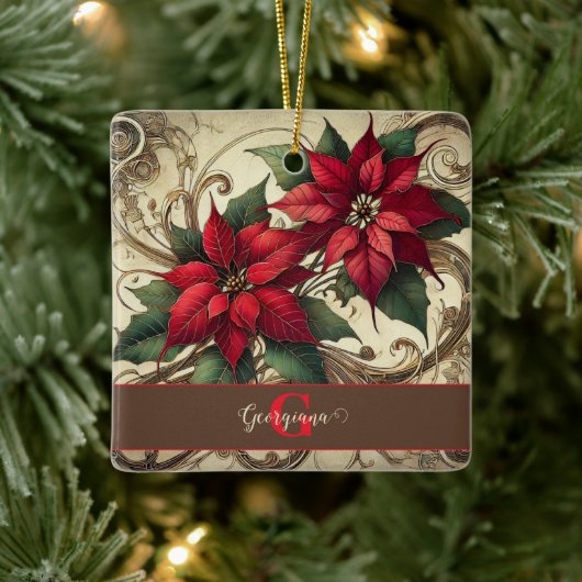 Aangepaste naam Art Nouveau Christmas Poinsettia Keramisch Ornament (Boom)