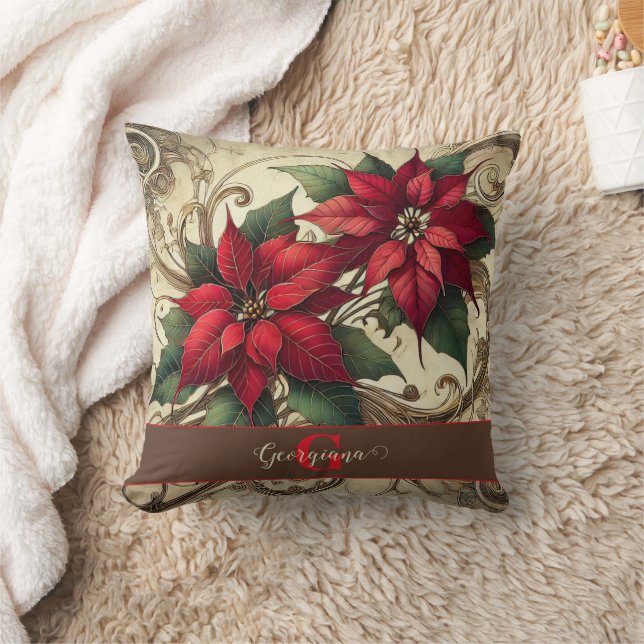 Aangepaste naam Art Nouveau Christmas Poinsettia Kussen (Deken)