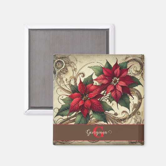 Aangepaste naam Art Nouveau Christmas Poinsettia Magneet (Voorkant / Achterkant)