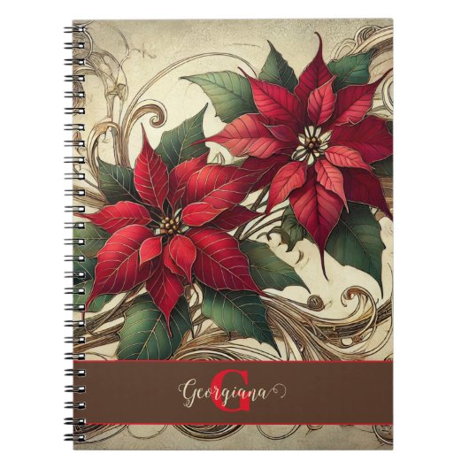 Aangepaste naam Art Nouveau Christmas Poinsettia Notitieboek (Voorkant)