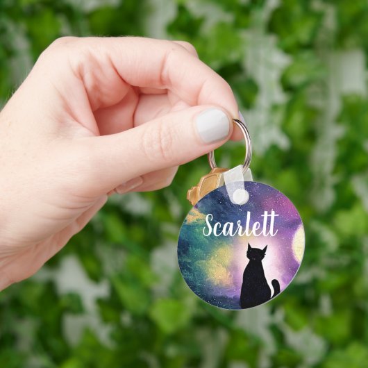 Aangepaste naam Artistieke Leuke Kat Maan en Galax Sleutelhanger (Hand)