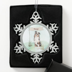 Aangepaste naam Australian Shepherd Huishond Tin Sneeuwvlok Ornament