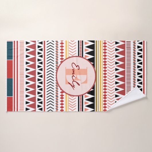 Aangepaste naam Azteekse elegantie Warm rood etnis Badhanddoek (Badhanddoek)
