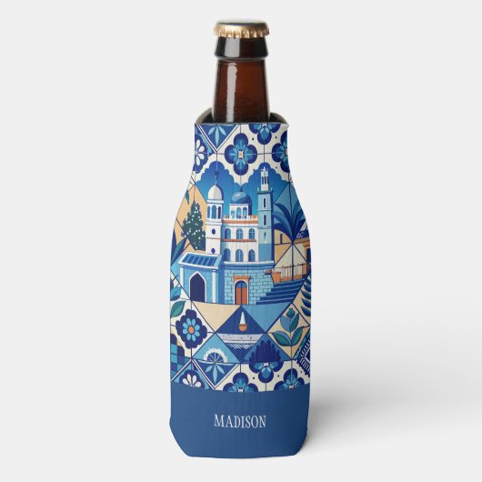 Aangepaste naam Azulejo Tegels Pattern Flesjeskoeler (Fles Voorkant)