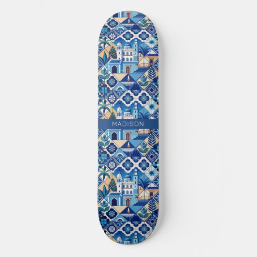Aangepaste naam Azulejo Tegels Pattern Persoonlijk Skateboard (Voorkant)