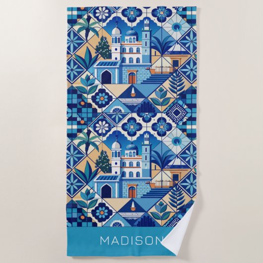 Aangepaste naam Azulejo Tegels Pattern Strandlaken (Voorkant)
