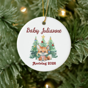 Aangepaste naam baby aankondiging vos kerst keramisch ornament