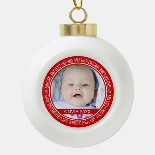 Aangepaste naam Baby eerste kerstversiering rood Keramische Bal Ornament (Voorkant)