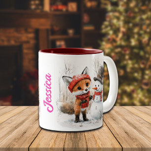 Aangepaste naam Baby Fox and Snowman Tweekleurige Koffiemok