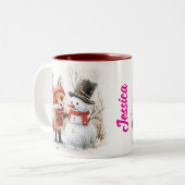 Aangepaste naam Baby Fox and Snowman Tweekleurige Koffiemok (Voorkant links)