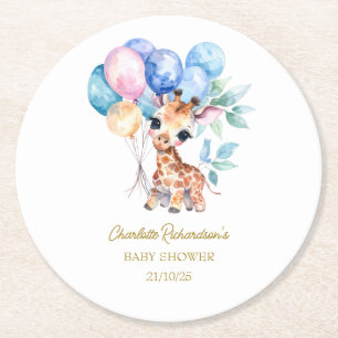 Aangepaste naam baby girafe baby shower ronde kartonnen onderzetter