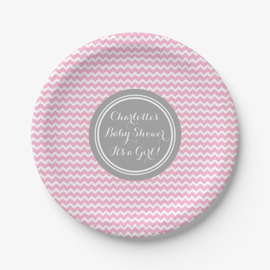 Aangepaste naam Baby shower Borden Grijs Roze Chev Papieren Bordje (Voorkant)
