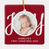 Aangepaste naam Baby's eerste kerstfoto rood Keramisch Ornament (Voorkant)