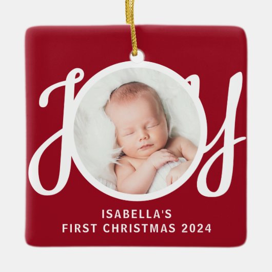 Aangepaste naam Baby's eerste kerstfoto rood Keramisch Ornament (Voorkant)