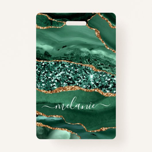 Aangepaste naam badge Agate Green Gold Glitter Mar (Achterkant)