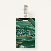 Aangepaste naam badge Agate Green Gold Glitter Mar (Achterkant met clip)