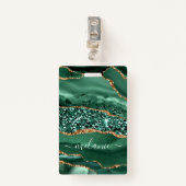 Aangepaste naam badge Agate Green Gold Glitter Mar (Voorkant met clip)