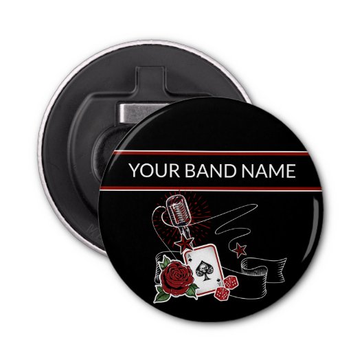 Aangepaste naam band Merch Rockabilly Rock Music Button Flesopener (Voorkant)