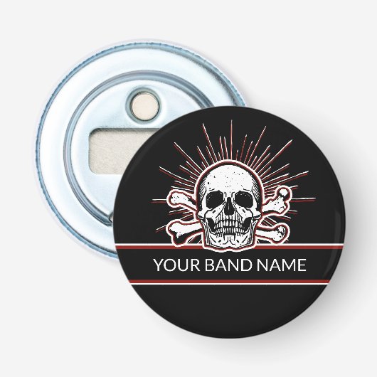 Aangepaste naam Band Skull Botten Rock & Roll Punk Button Flesopener (Voorkant)