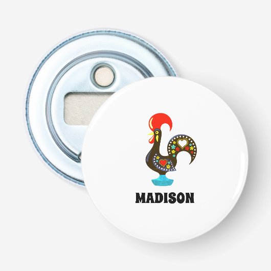 Aangepaste naam Barcelos Portugees Haan Zwart Button Flesopener (Voorkant)