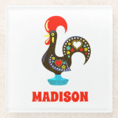 Aangepaste naam Barcelos Portugees Haan Zwart Glazen Onderzetter (Voorkant)