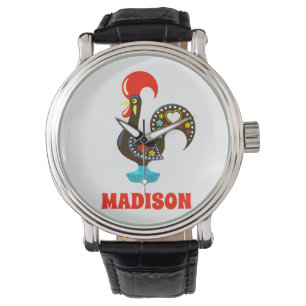 Aangepaste naam Barcelos Portugees Haan Zwart Horloge