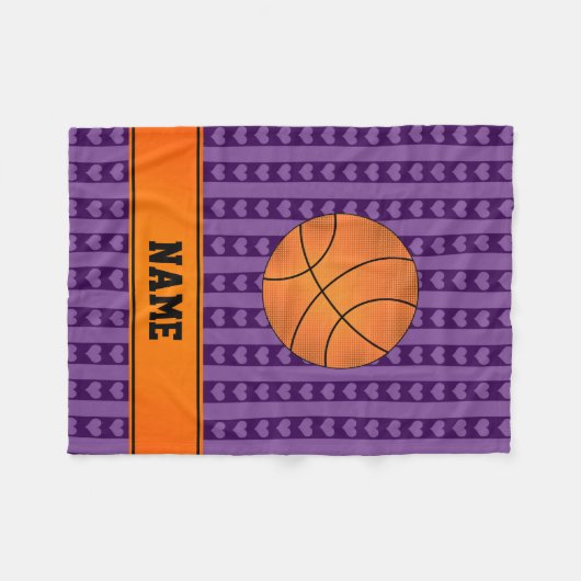 Aangepaste naam basketbal paarse hartenstrepen fleece deken (Voorkant (Horizontaal))