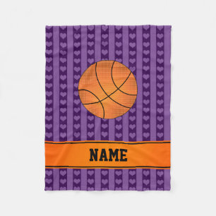 Aangepaste naam basketbal paarse hartenstrepen fleece deken