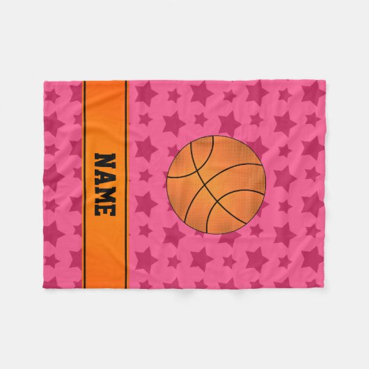 Aangepaste naam basketbal roze sterren fleece deken (Voorkant (Horizontaal))