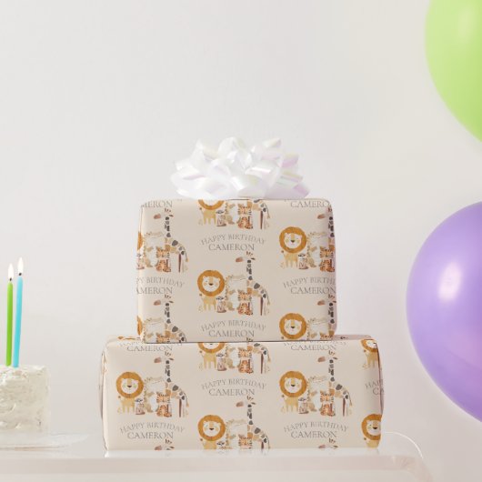 Aangepaste naam beige dierentuin met jonge dieren cadeaupapier (Feestgeschenken)