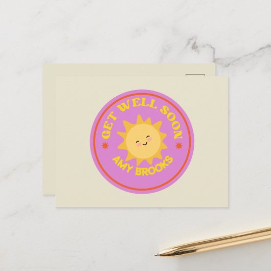 Aangepaste naam beterschap tekst zon op paars briefkaart (Voorkant / Achterkant in situ)