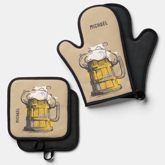 Aangepaste naam bierisolatie ovenwant & pannenlap set (Voorkant / Achterkant)