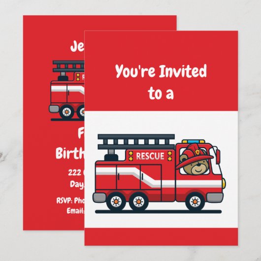 Aangepaste naam Birthday Fire Truck Party Kaart (Voorkant / Achterkant)