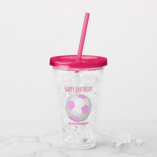 Aangepaste naam Birthday Girly Pink White Voetbal Acryl Drinkbeker (Achterkant ijs)