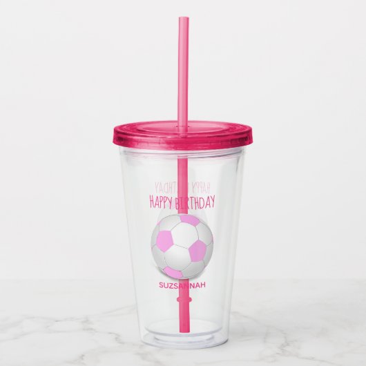 Aangepaste naam Birthday Girly Pink White Voetbal Acryl Drinkbeker (Voorkant)
