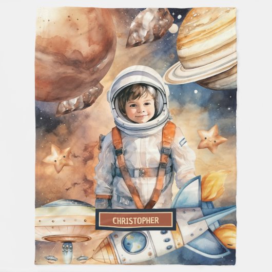 Aangepaste naam Blanket Rocket Ship and Planet Pri Fleece Deken (Voorkant)