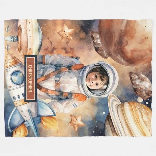 Aangepaste naam Blanket Rocket Ship and Planet Pri Fleece Deken (Voorkant (Horizontaal))