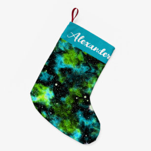 Aangepaste naam Blauw en Groene Galaxy Cosmic Kleine Kerstsok