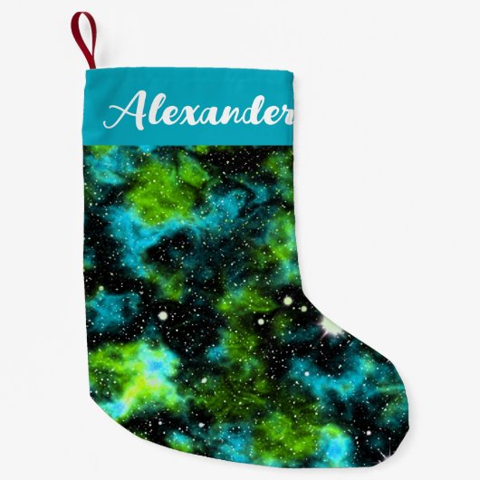 Aangepaste naam Blauw en Groene Galaxy Cosmic Kleine Kerstsok (Voorkant)