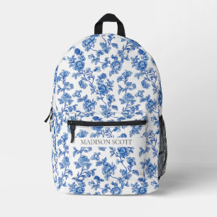 Aangepaste naam blauw en wit bloemmotief bedrukte rugzak