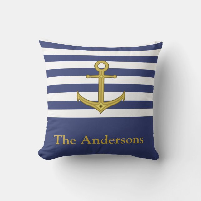 Aangepaste naam Blauw en wit met Faux Gold Anchor Kussen (Voorkant)