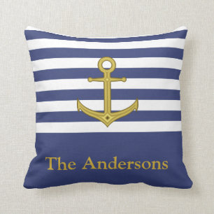 Aangepaste naam Blauw en wit met Faux Gold Anchor Kussen