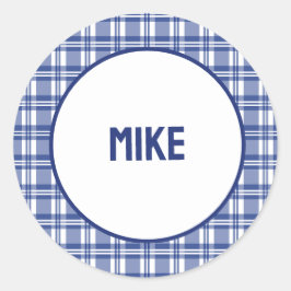 Aangepaste naam | Blauw geruite Ronde Sticker