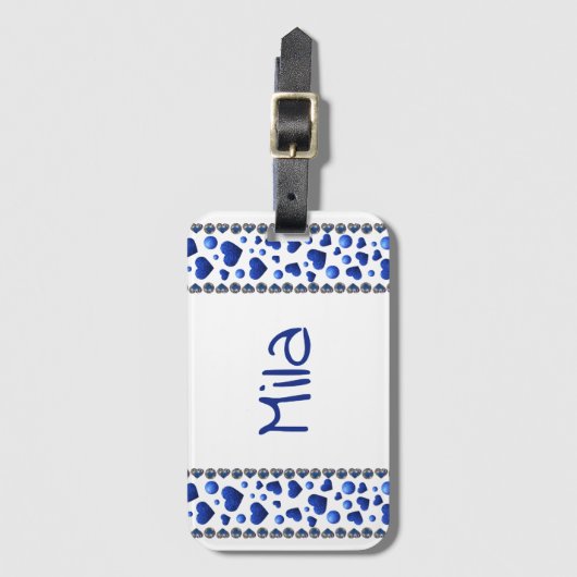 Aangepaste naam, blauw glitter hart bagagelabel (Voorkant (verticaal))