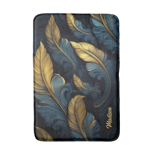 Aangepaste naam Blauw - Gouden bladeren Badmat (Voorkant Verticaal)