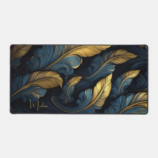Aangepaste naam Blauw - Gouden bladeren Bureaumat (Voorkant)