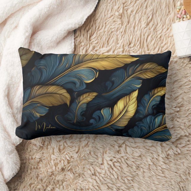 Aangepaste naam Blauw - Gouden bladeren Kussen (Deken)