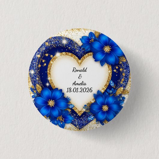 Aangepaste naam blauw gouden hart frame knop cadea ronde button 3,2 cm (Voorkant)